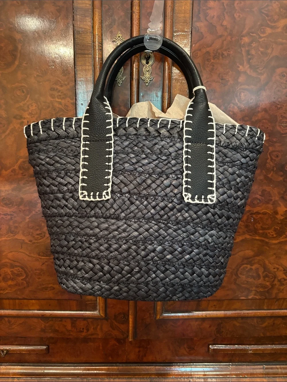 Universal Thread Black Woven Tote with Cream Stitching